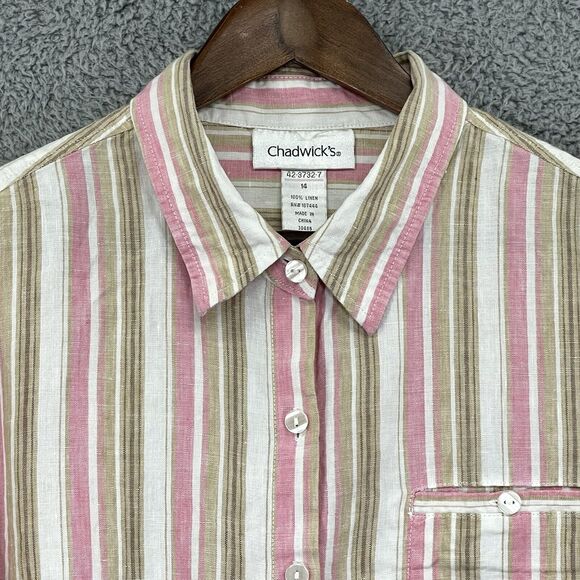Chadwick's Button Up Top Women 14 Pink Brown Striped Long Sleeve 100% Linen T86 - Picture 2 of 14